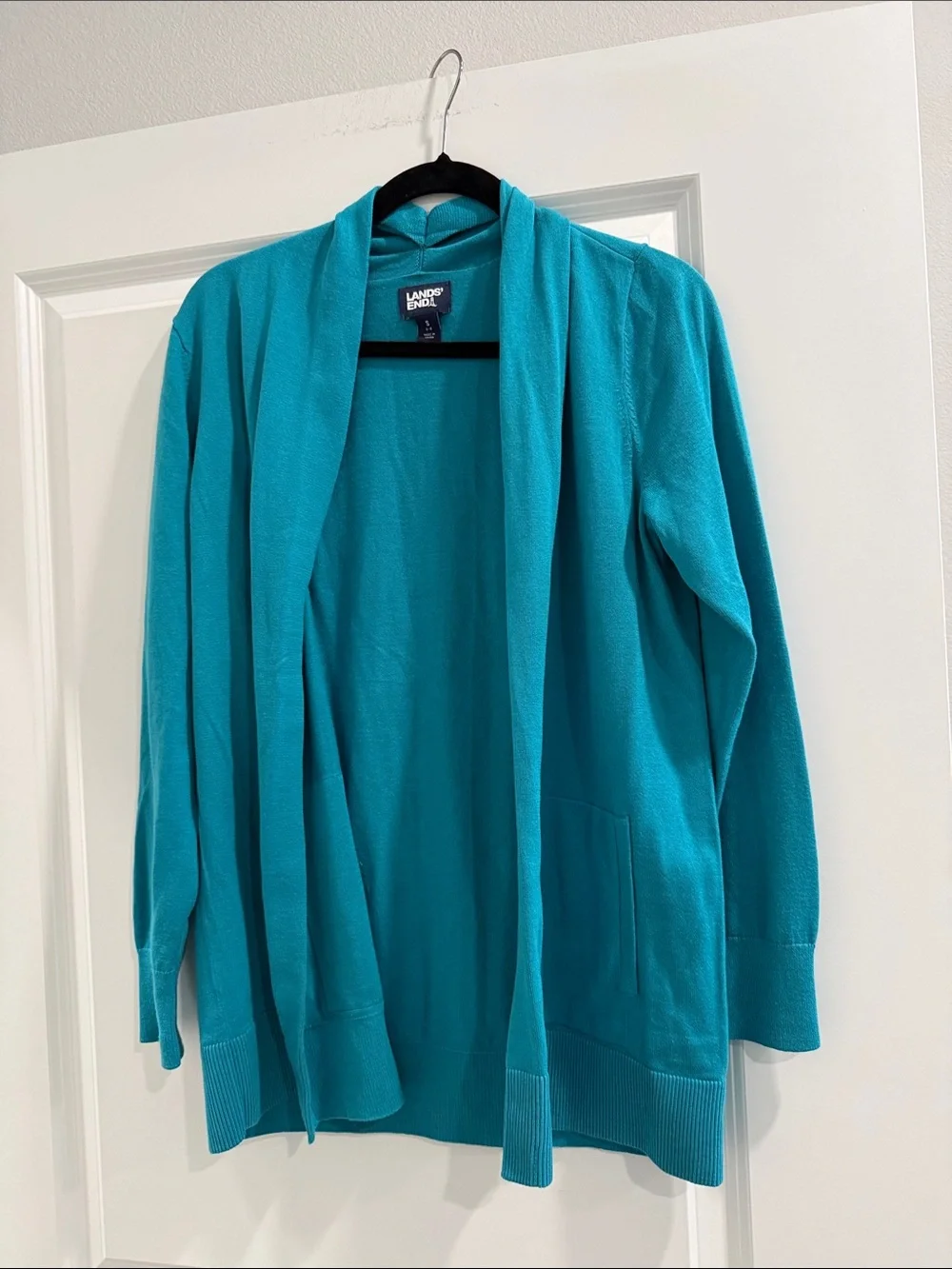Lands' End Women's Open Cardigan in Teal Blue